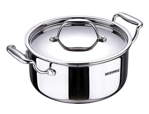 Bergner Argent Junior Chef Triply Stainless Steel 14 cm Casserole with Stainless Steel Lid, 1.2 Ltr Casserole, Durable Cookware, Mirror Finish, Induction Base and Gas Ready, Silver, 5-Year Warranty